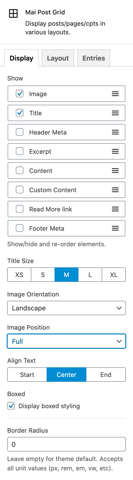 Mai Post Grid Display tab