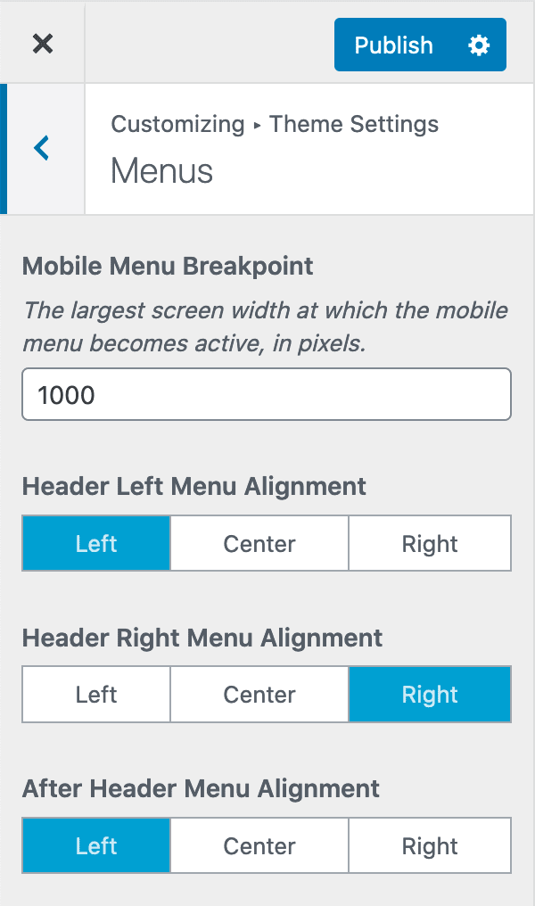 Mai Theme menu alignment settings